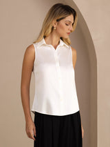 [Wit] SilkSilky-NL Sleeveless Lapel Collar Dames Blouse 001