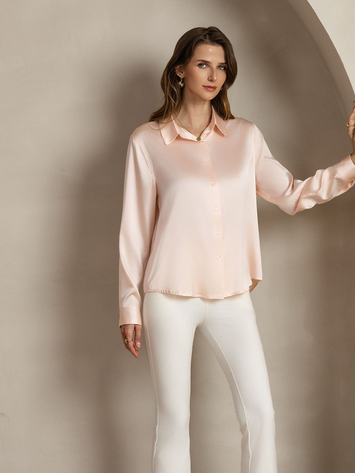 [Lichtroze] SilkSilky-NL Zijde Kraag Dames Blouse 007