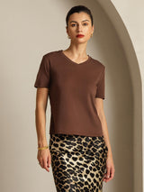 [Koffie] SilkSilky-NL Short Sleeve V Neck Dames T-Shirt 001
