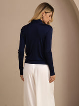 [Donkerblauw] SilkSilky-NL Long Sleeve Blouse 002