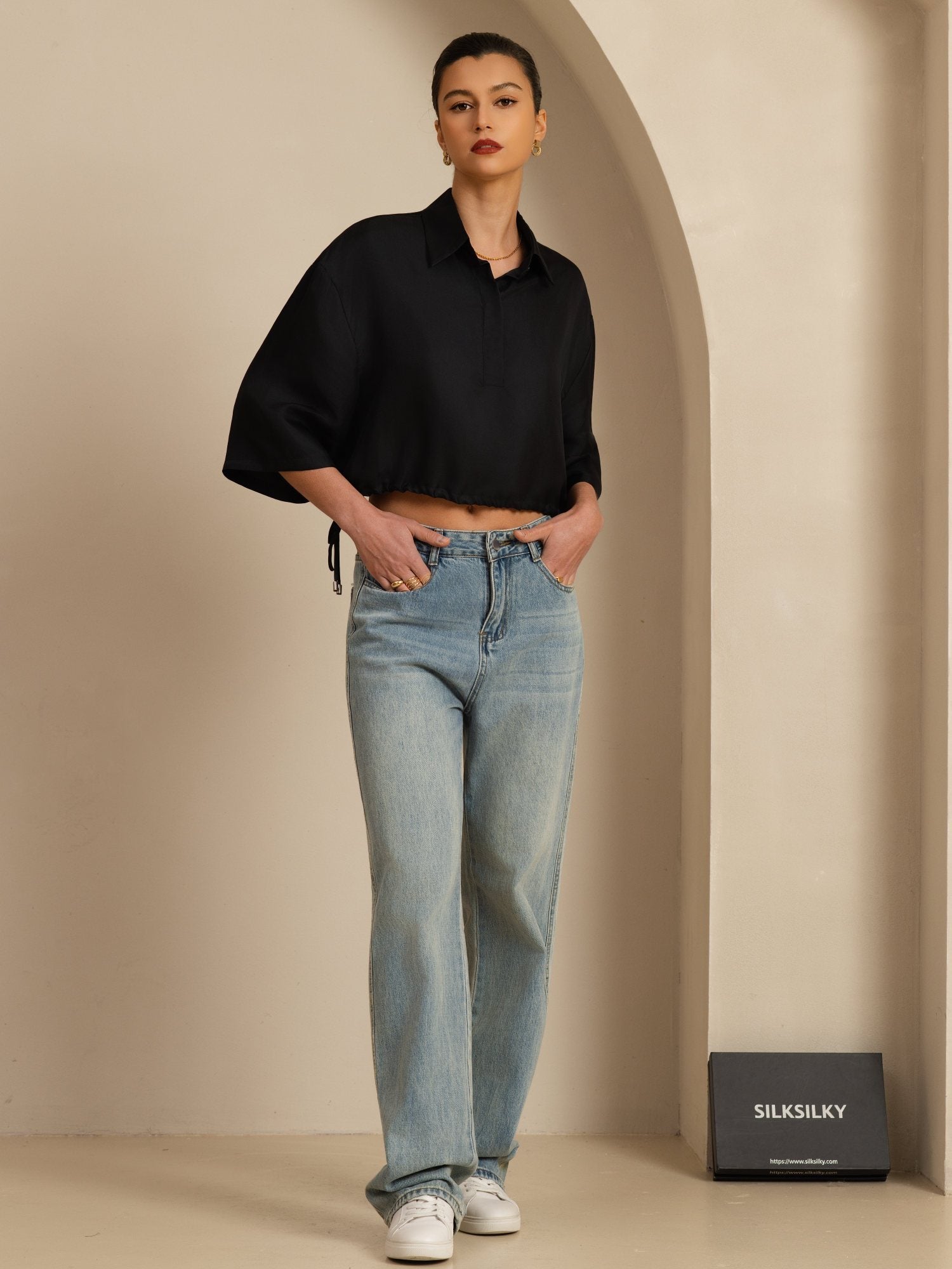 [Zwart] SilkSilky-NL 18Momme Halve Mouw Reverskraag Blouse 007