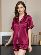 [Fuchsiaroze] SilkSilky-NL Short Sleeve Lapel Collar Dames Pyjama Set 004