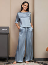 [Grijsachtig Blauw] SilkSilky-NL Halve Mouw Ronde Hals Dames Pyjama Set 006