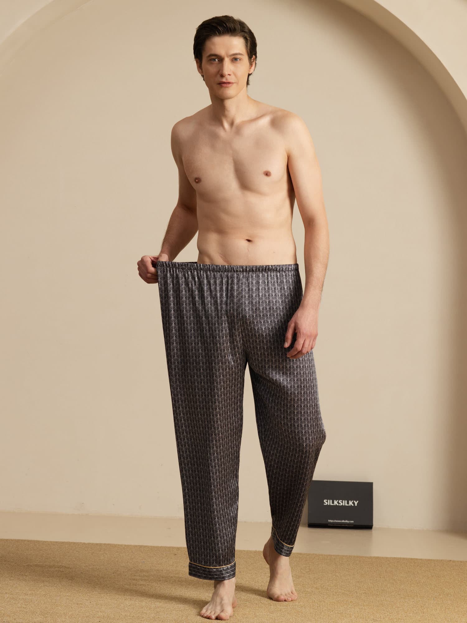 [Zwarte Ginkgo] SilkSilky-NL Mens Sleep Bottoms 006