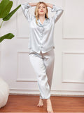 SilkSilky NL Pure Silk Lange Mouw Revers Dames Grote maten Pyjama Set Lichtblauw 004