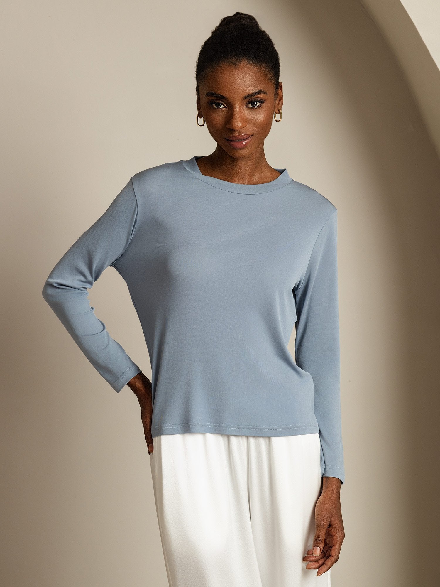 [GrijsachtigBlauw] SilkSilky-NL Zijde Ronde Hals Dames T-Shirt 003