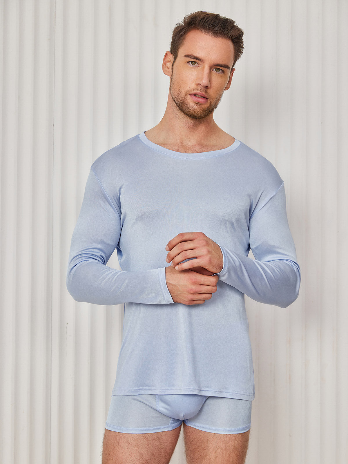 [Lichtblauw] SilkSilky-NL Zijde Gebreid Ronde Hals Heren T-Shirt 003
