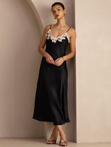 [Zwart] SilkSilky-NL Spaghetti Strap V Neck Jurk 003