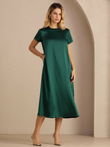 [Donkergroen] SilkSilky-NL Short Sleeve Round Neck Jurk 003