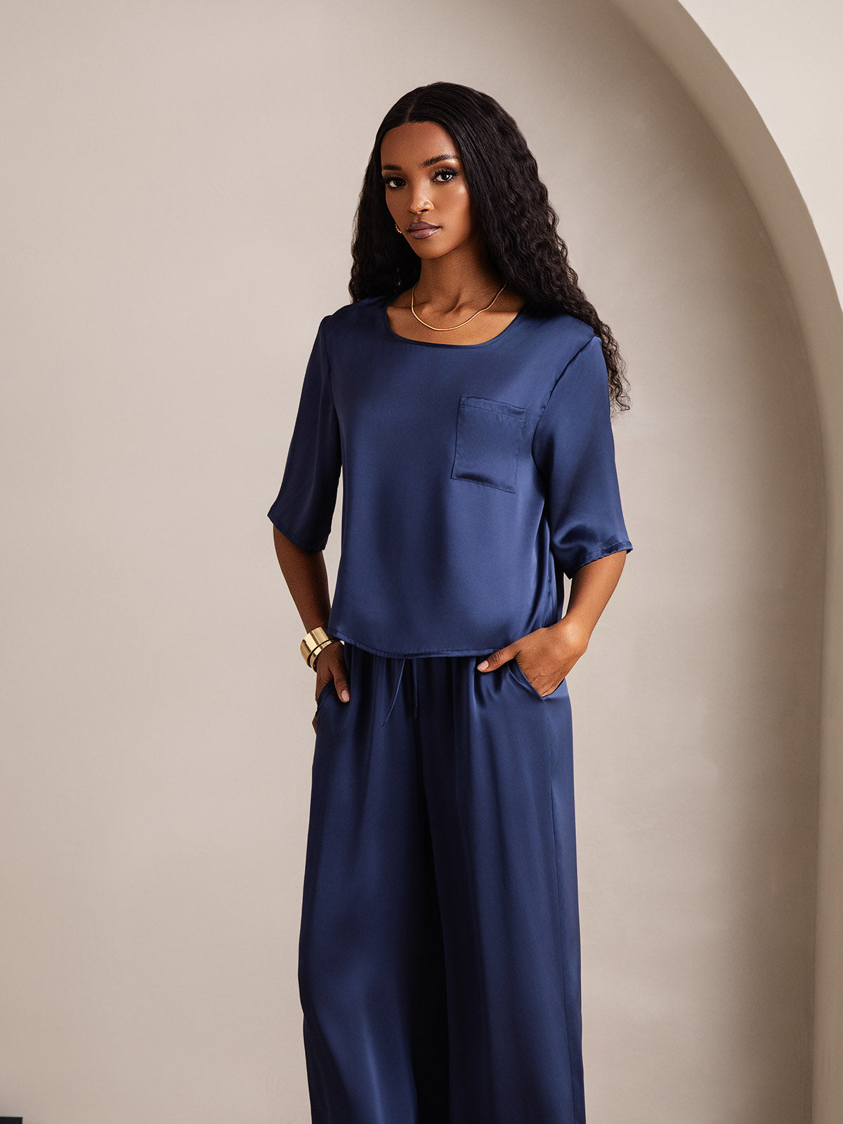 [Donkerblauw] SilkSilky-NL Ronde Hals Dames Pyjama Set 003