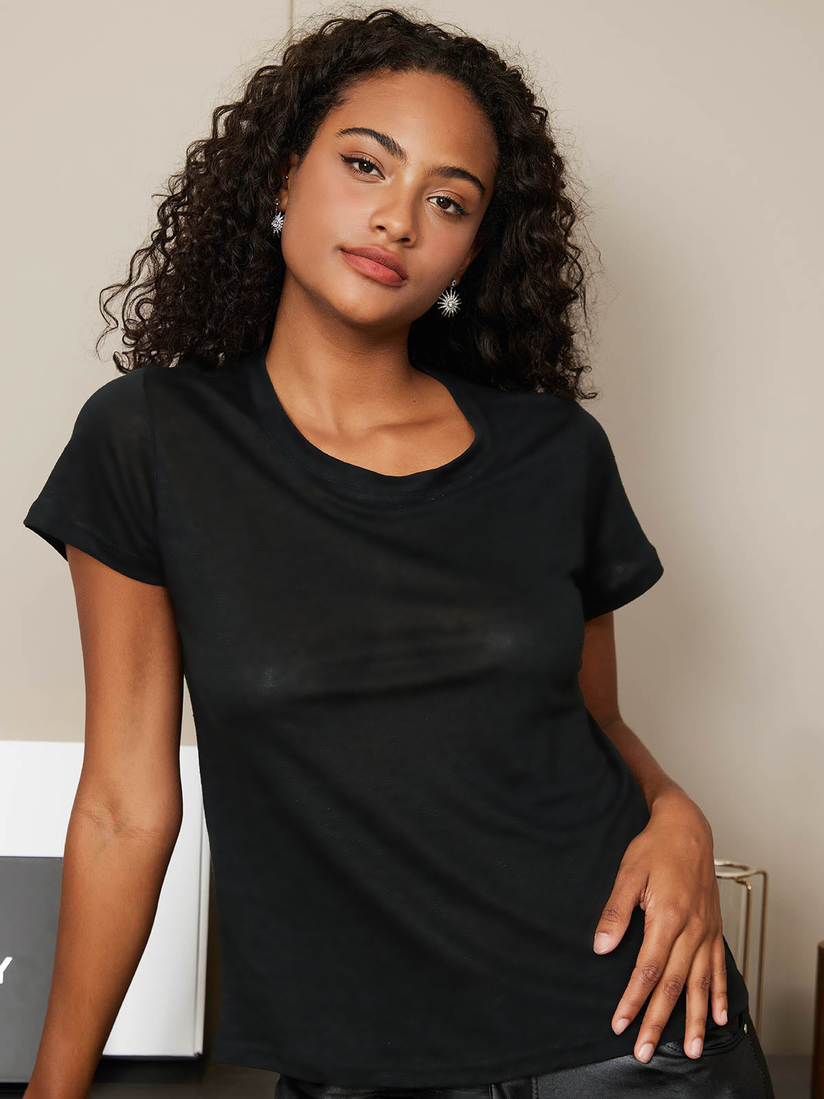 SilkSilky-NL Zijde Gebreid Korte Mouw Ronde Hals Dames T-Shirt Zwart 006