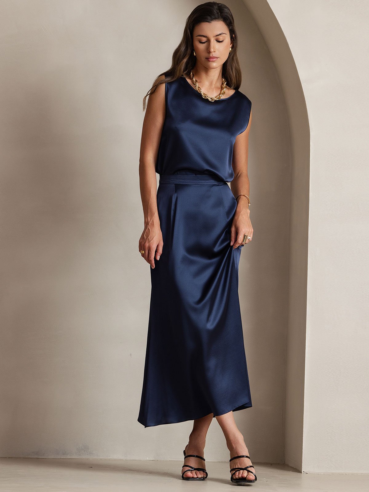 [Donkerblauw] SilkSilky-NL 19Momme Zijde Skirt 008