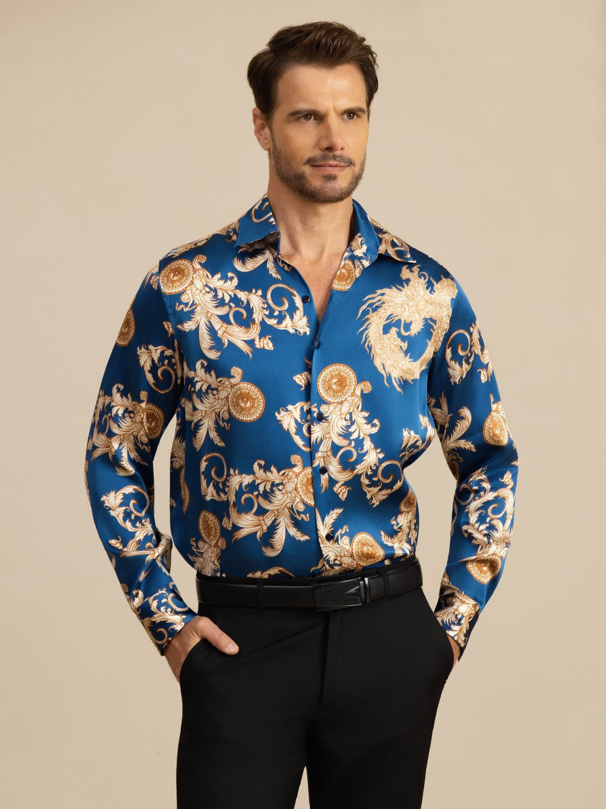[Navy Draak] SilkSilky-NL Long Sleeve Lapel Collar Heren Shirt 001