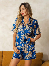 [Navy Draak] SilkSilky-NL Korte Mouw Notchkraag Dames Pyjama Set 001
