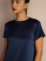 [Donkerblauw] SilkSilky-NL Short Sleeve Round Neck Jurk 004
