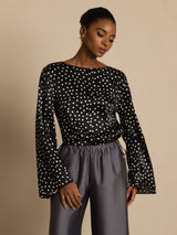 [Stippen] SilkSilky-NL 19Momme Zijde Bell Sleeve Ronde Hals Blouse 004
