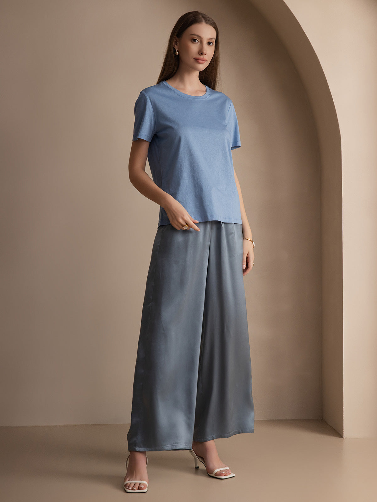 [Blauw] SilkSilky-NL Zijde Gebreid Korte Mouw Ronde Hals Dames T-Shirt 003