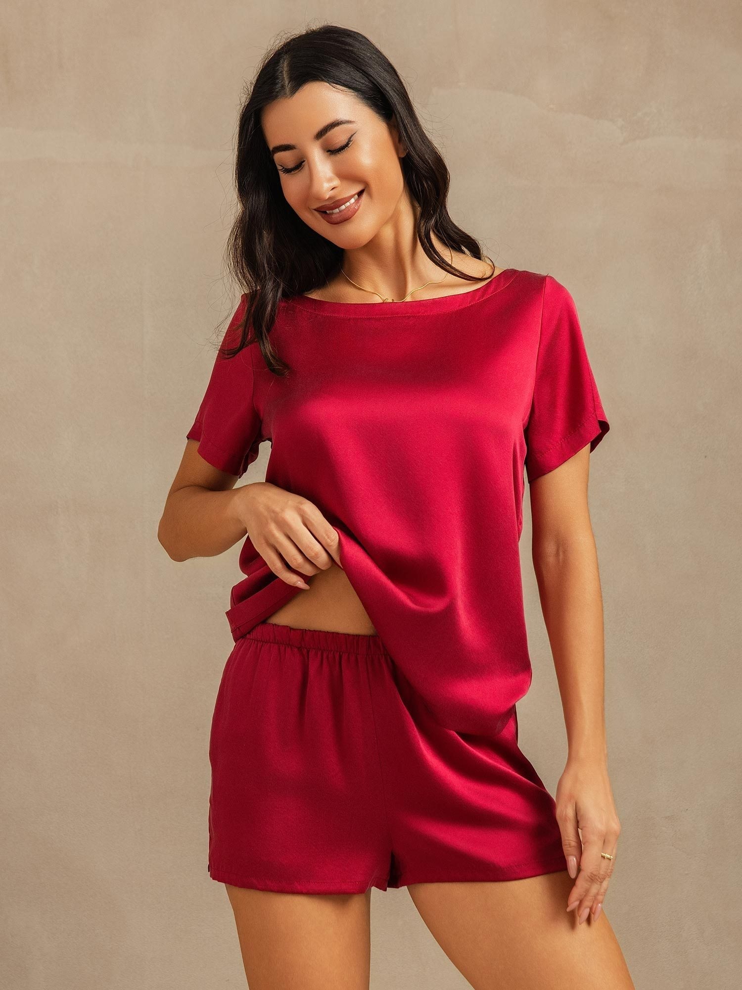 [Wijn] SilkSilky-NL 19Momme Zijde Ronde Hals Dames Pyjama Set 008,