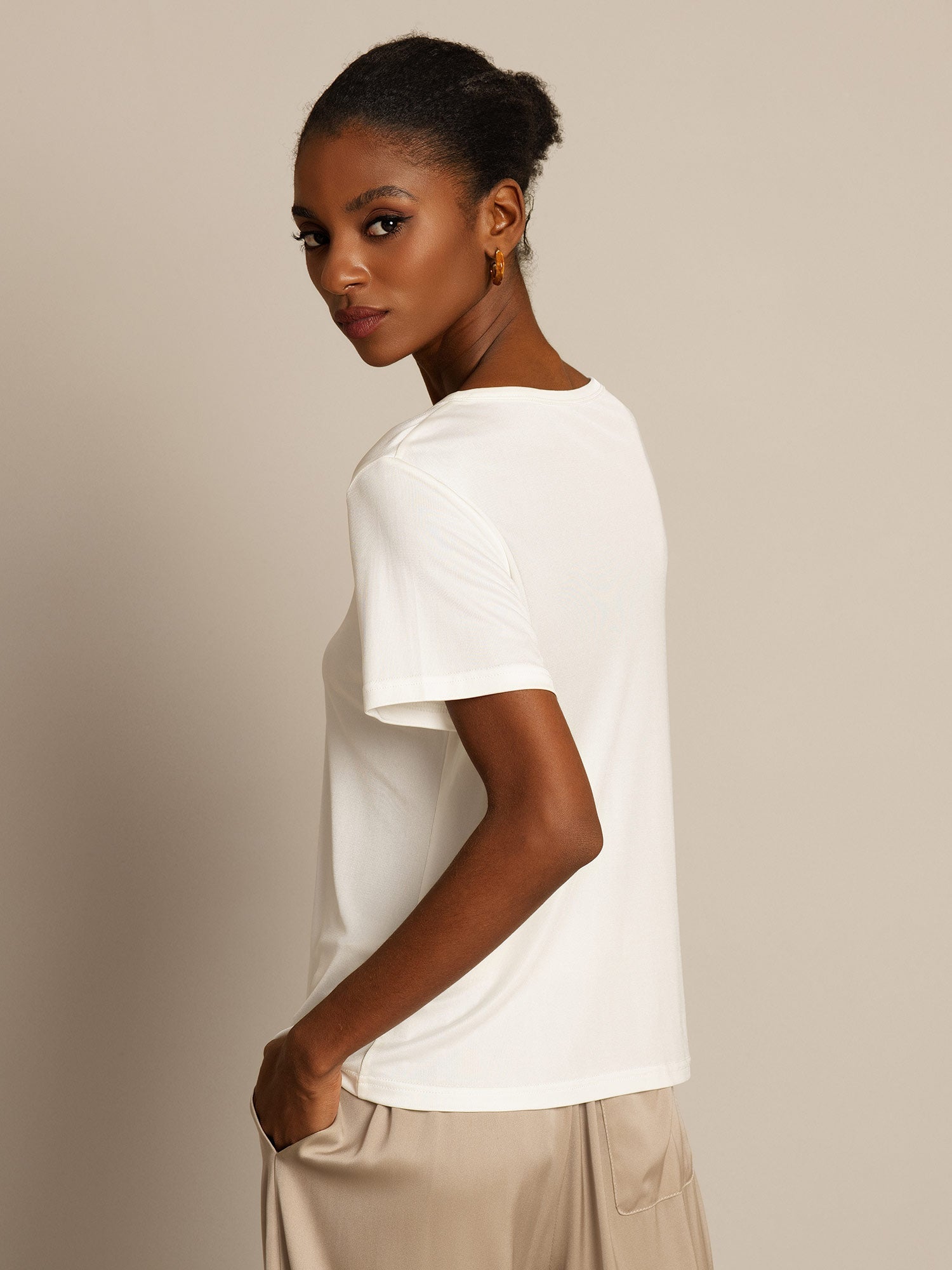 [Wit] SilkSilky-NL Zijde Gebreid Ronde Hals Dames T-Shirt 002,