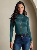 [Donkergroen] SilkSilky-NL Lange Mouw Coltrui Hals Dames T-Shirt 001