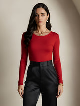 [Wijn] SilkSilky-NL Lange Mouw Ronde Hals Dames T-Shirt 003