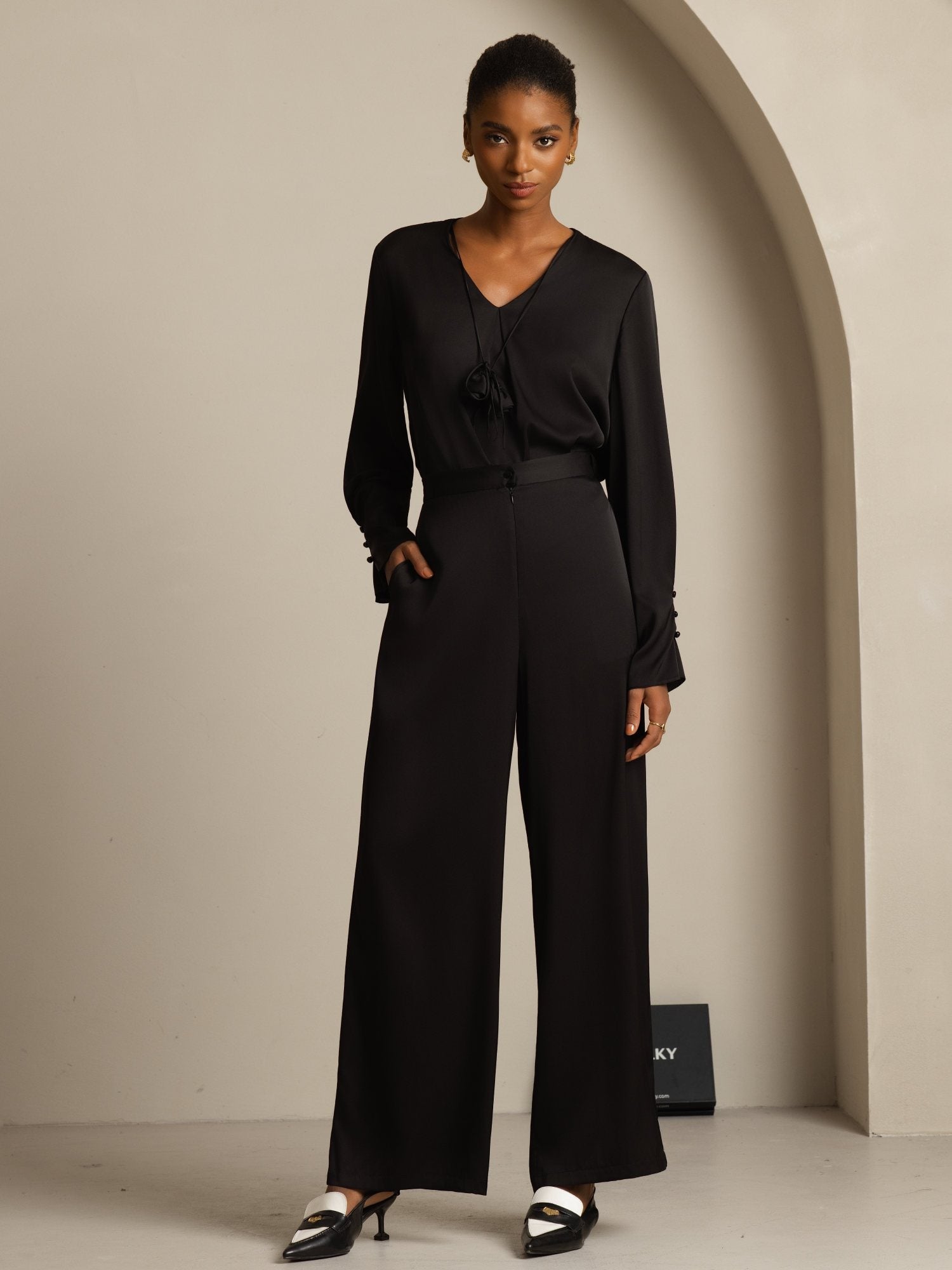 [Zwart] SilkSilky-NL 19Momme Zijde Lange Mouw V Hals Blouse 007
