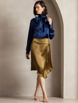 [Donkerblauw] SilkSilky-NL Long Sleeve Tie Neck Blouse 007