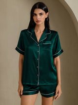 [Donkergroen] SilkSilky-NL Short Sleeve Lapel Collar Dames Pyjama Set 001