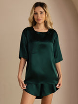 [Donkergroen] SilkSilky-NL Short Sleeve Round Neck Dames Pyjama Set 001
