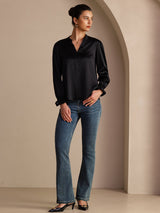 [Zwart] SilkSilky-NL Long Sleeve Split Blouse 006