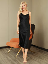 [Zwart] SilkSilky-NL Spaghetti Strap V Neck Nachthemd 006
