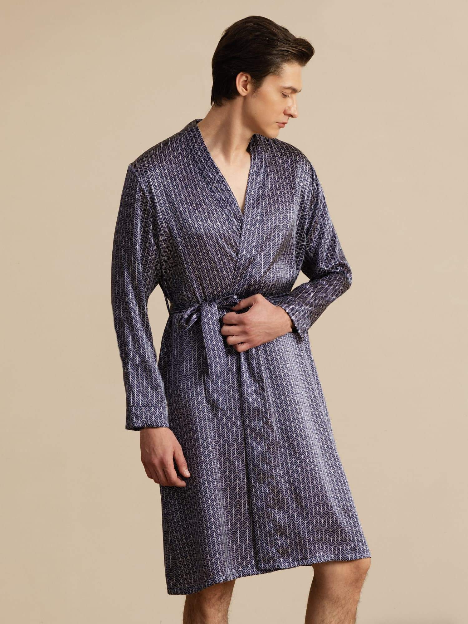 [Marine Ginkgo] SilkSilky-NL Long Sleeve V Neck Heren Kamerjas 004