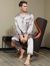[Grijs] SilkSilky-NL Pure Silk Lange Mouw Revers Heren Pyjama Set 001