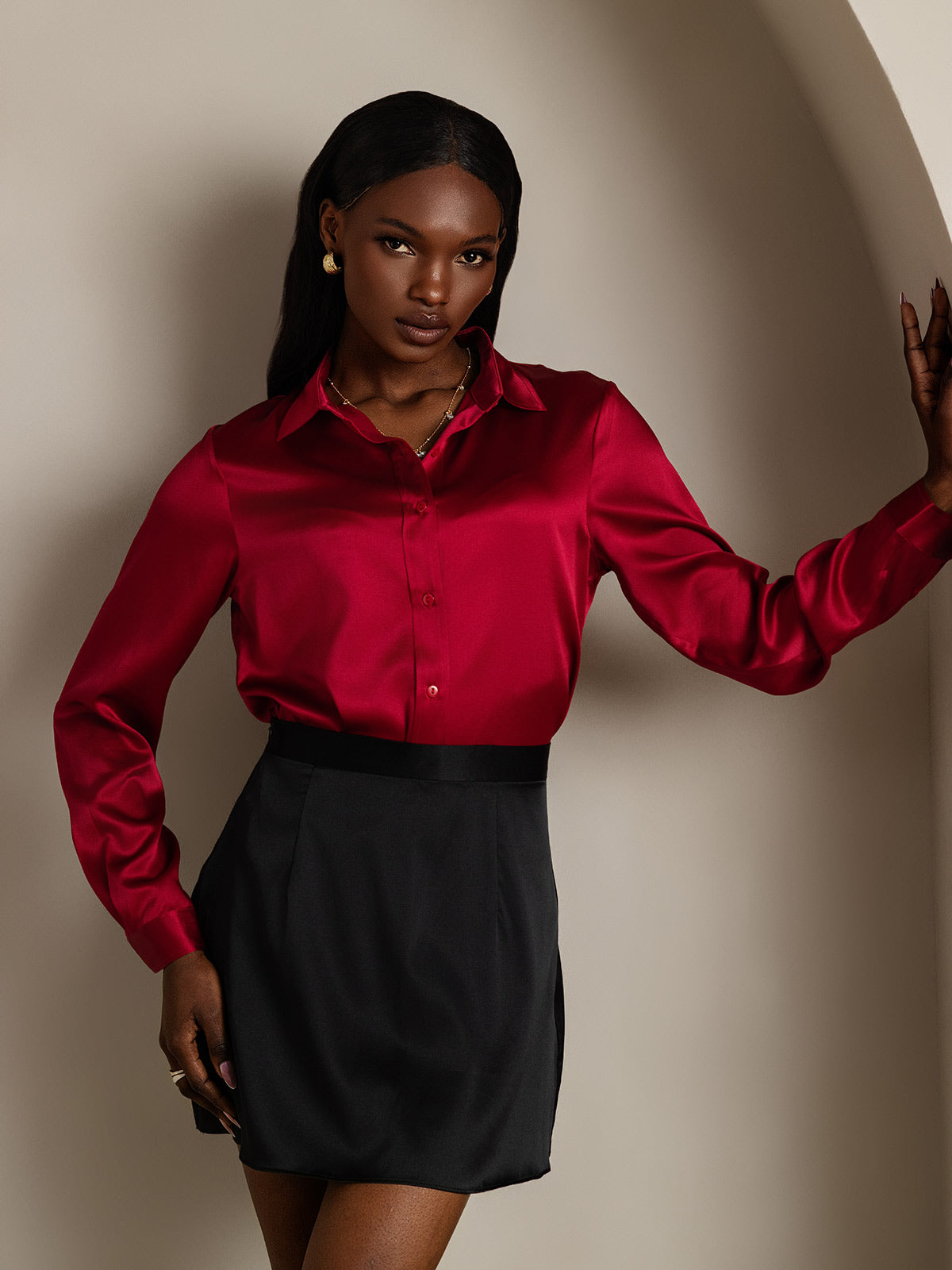 SilkSilky-NL 19Momme Zijde Lange Mouw Kraag Dames Blouse Wijn 009