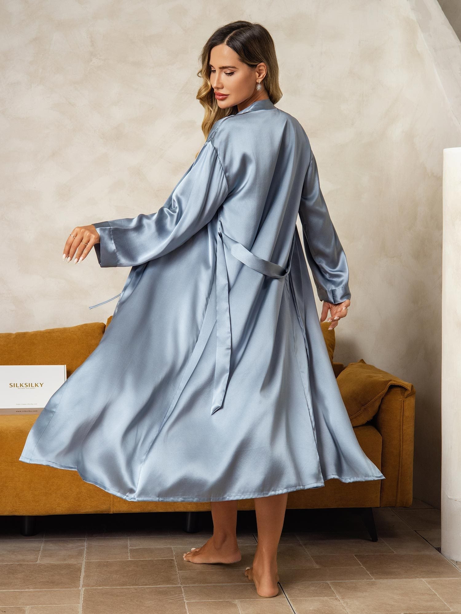 [Grijsachtig Blauw] SilkSilky-NL Zijde Nightgown&Robe Set 003