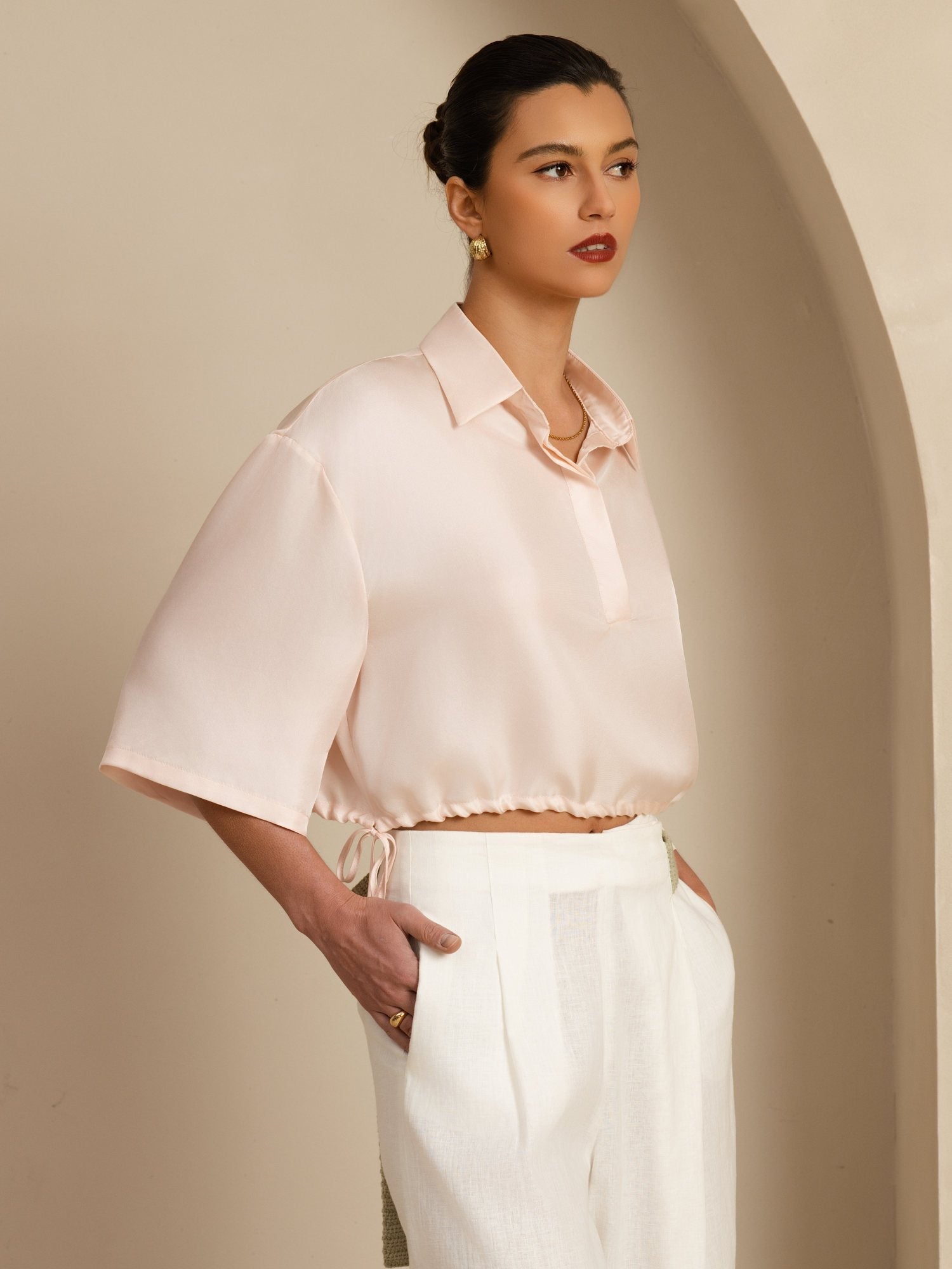 [Roze] SilkSilky-NL 18Momme Halve Mouw Reverskraag Blouse 004