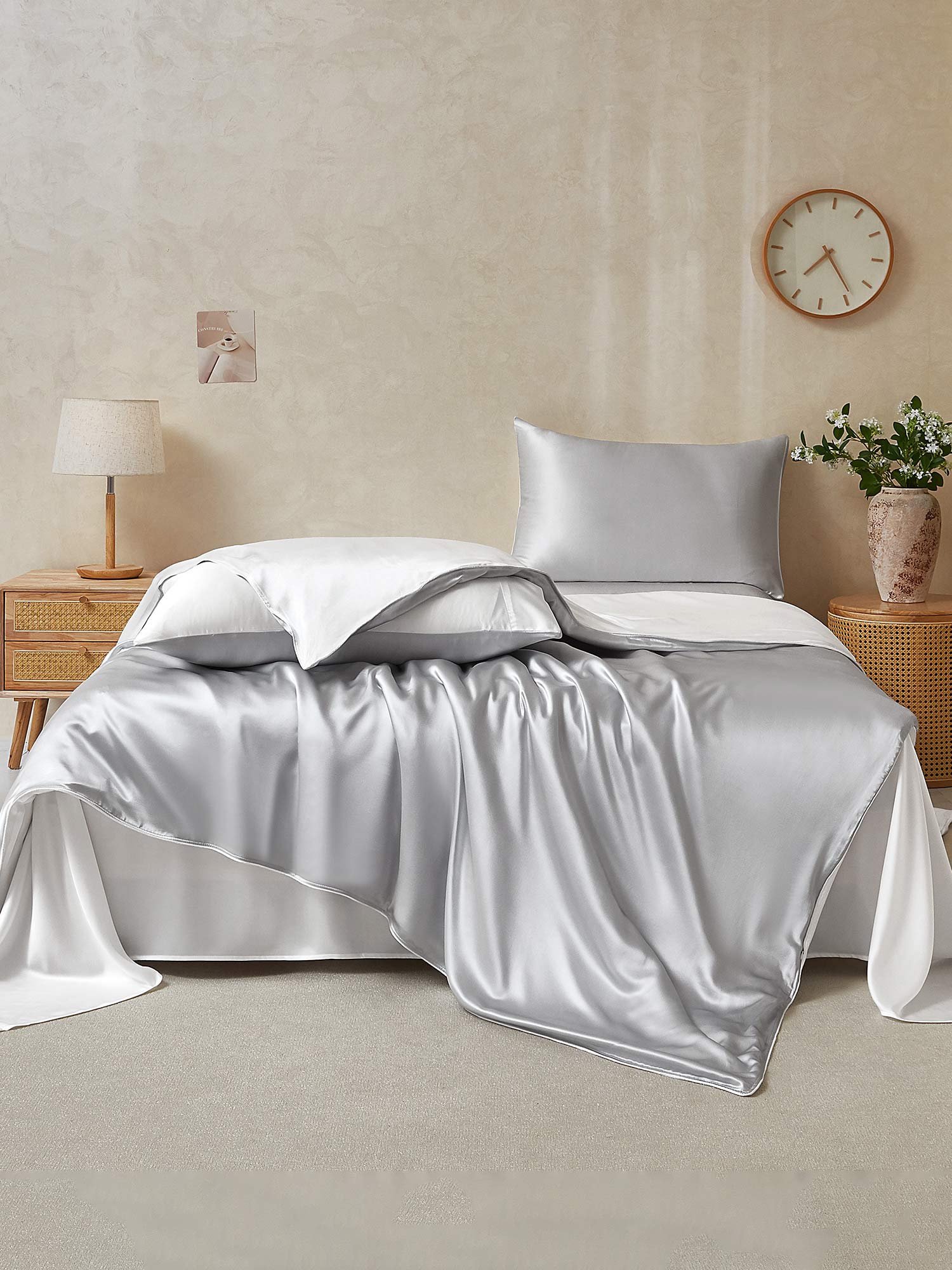 [Lichtgrijs+Wit] SilkSilky-NL 25Momme Bedding Set 002,