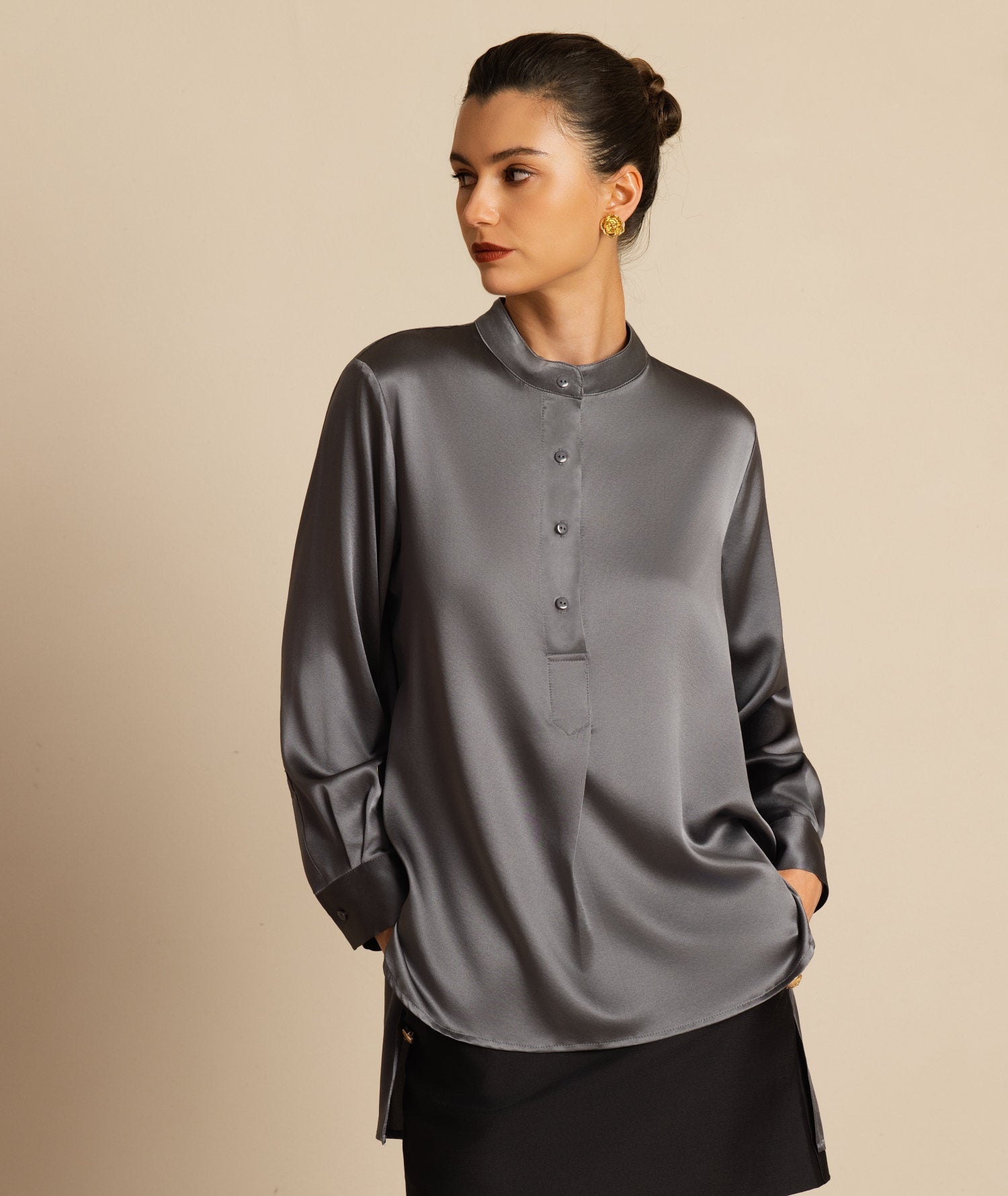 [Donkergrijs] SilkSilky-NL 19Momme Lange Mouw Staande Kraag Blouse 003