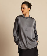 [Donkergrijs] SilkSilky-NL 19Momme Lange Mouw Staande Kraag Blouse 003