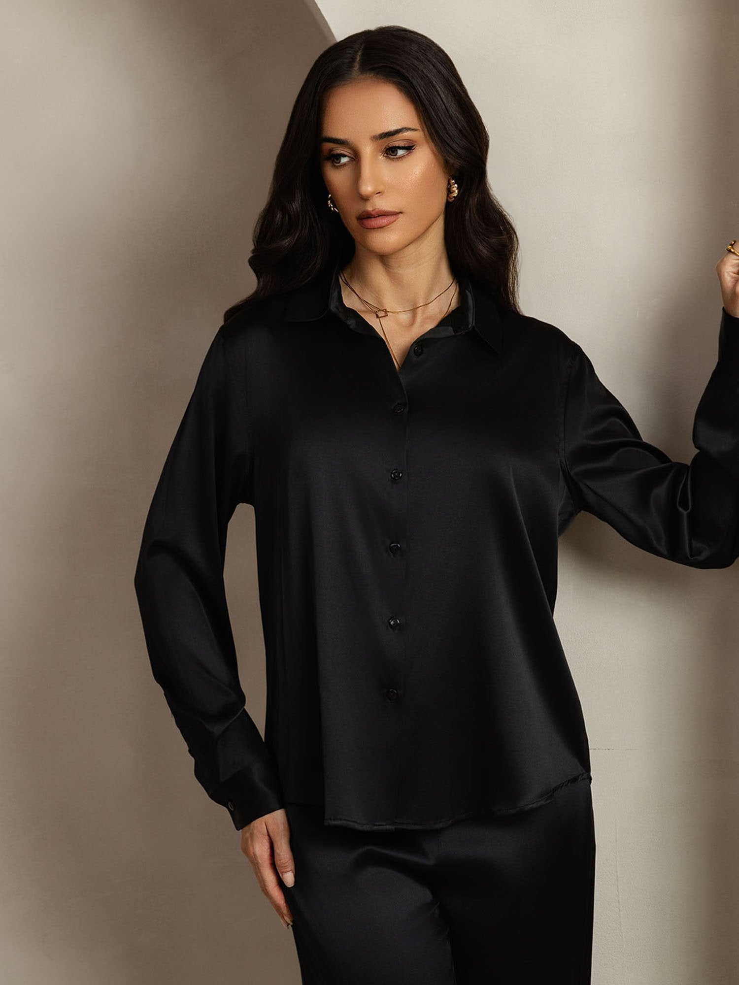 [Zwart] SilkSilky-NL 19Momme Zijde Kraag Women''s Outfit Sets 005