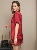 SilkSilky-NL Korte Mouw Revers Dames Pyjama Set Wijn 002