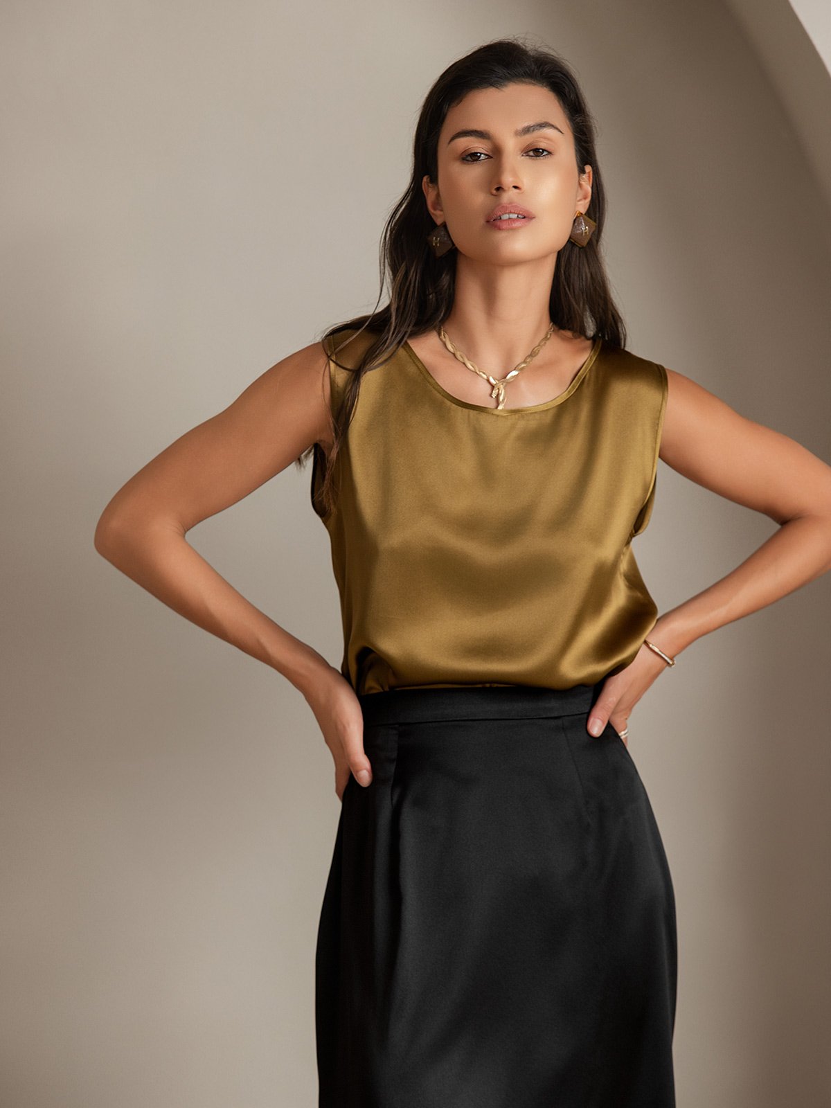 [Bruin] SilkSilky-NL 19Momme Zijde Ronde Hals Cami-Top 004
