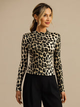 [Leopard] SilkSilky-NL Lange Mouw Col Montant Dames T-Shirt 001
