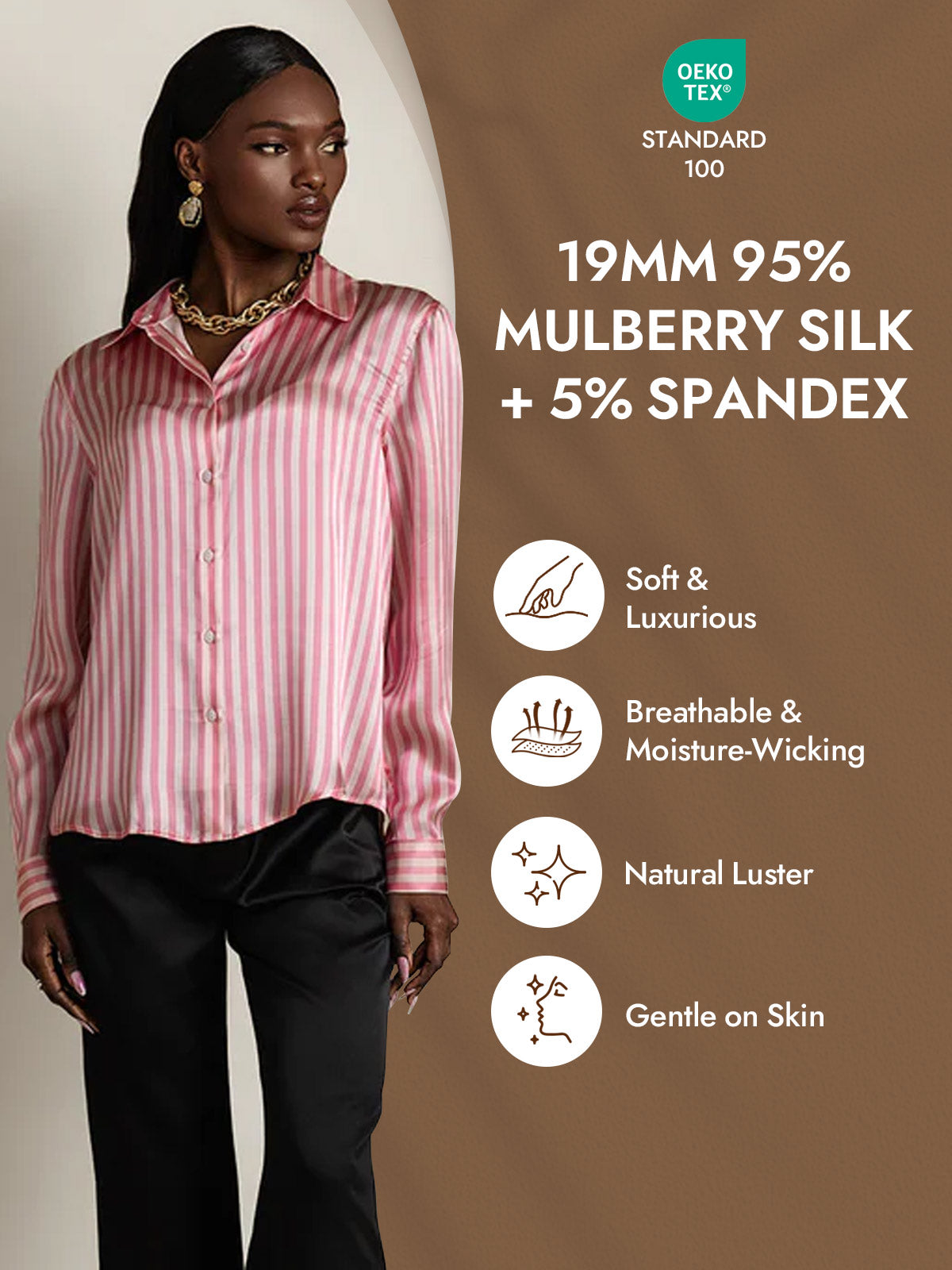 [Roze Streep] SilkSilky-NL Zijde Lange Mouw Kraag Dames Blouse 004