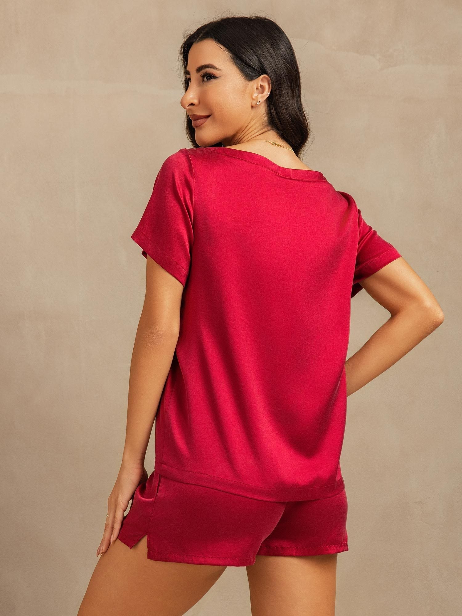 [Wijn] SilkSilky-NL 19Momme Zijde Ronde Hals Dames Pyjama Set 002,