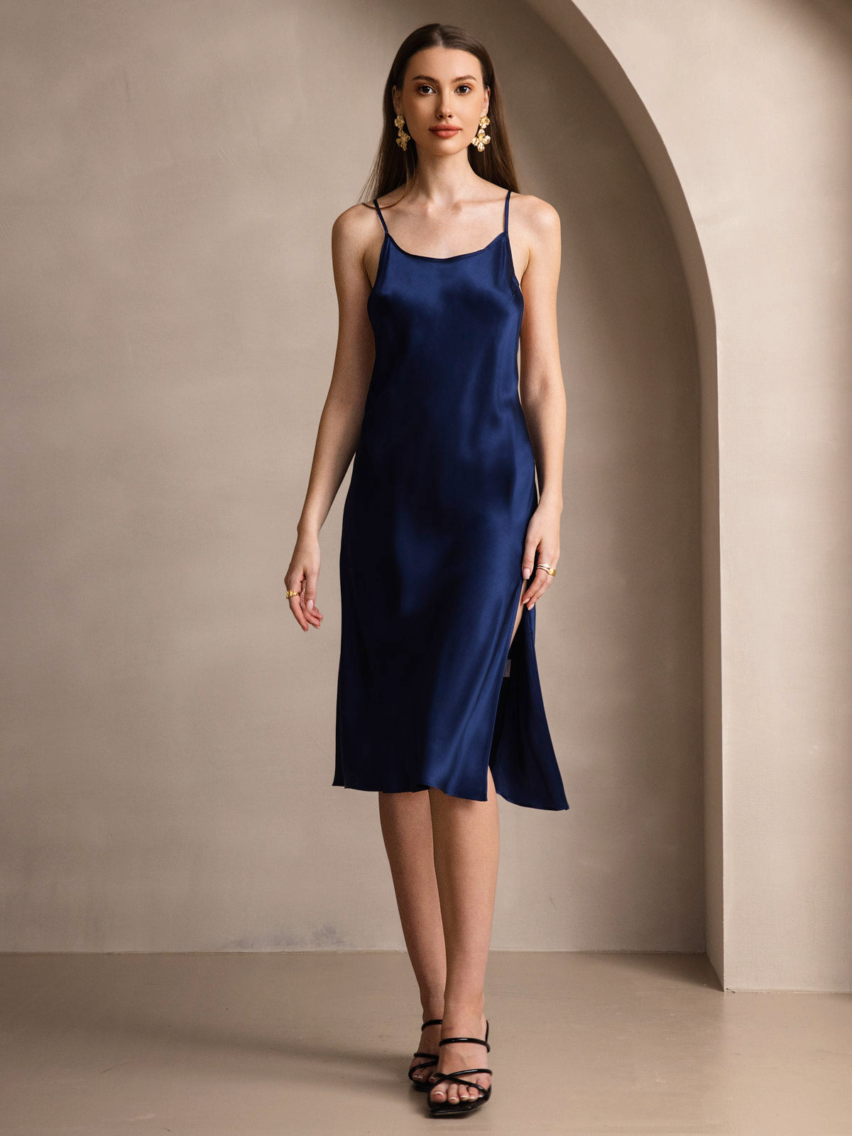 [Donkerblauw] SilkSilky-NL Ronde Hals Jurk 003