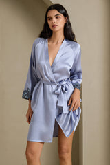 [Staal Blauw] SilkSilky-NL 3/4 Sleeve V Neck Nachthemd&Kamerjas Set 008