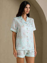 [Hemelsblauwe Bloemen] SilkSilky-NL Short Sleeve Notch Collar Dames Pyjama Set 003