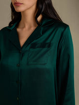 [Donkergroen] SilkSilky-NL Long Sleeve Lapel Collar Dames Pyjama Set 004