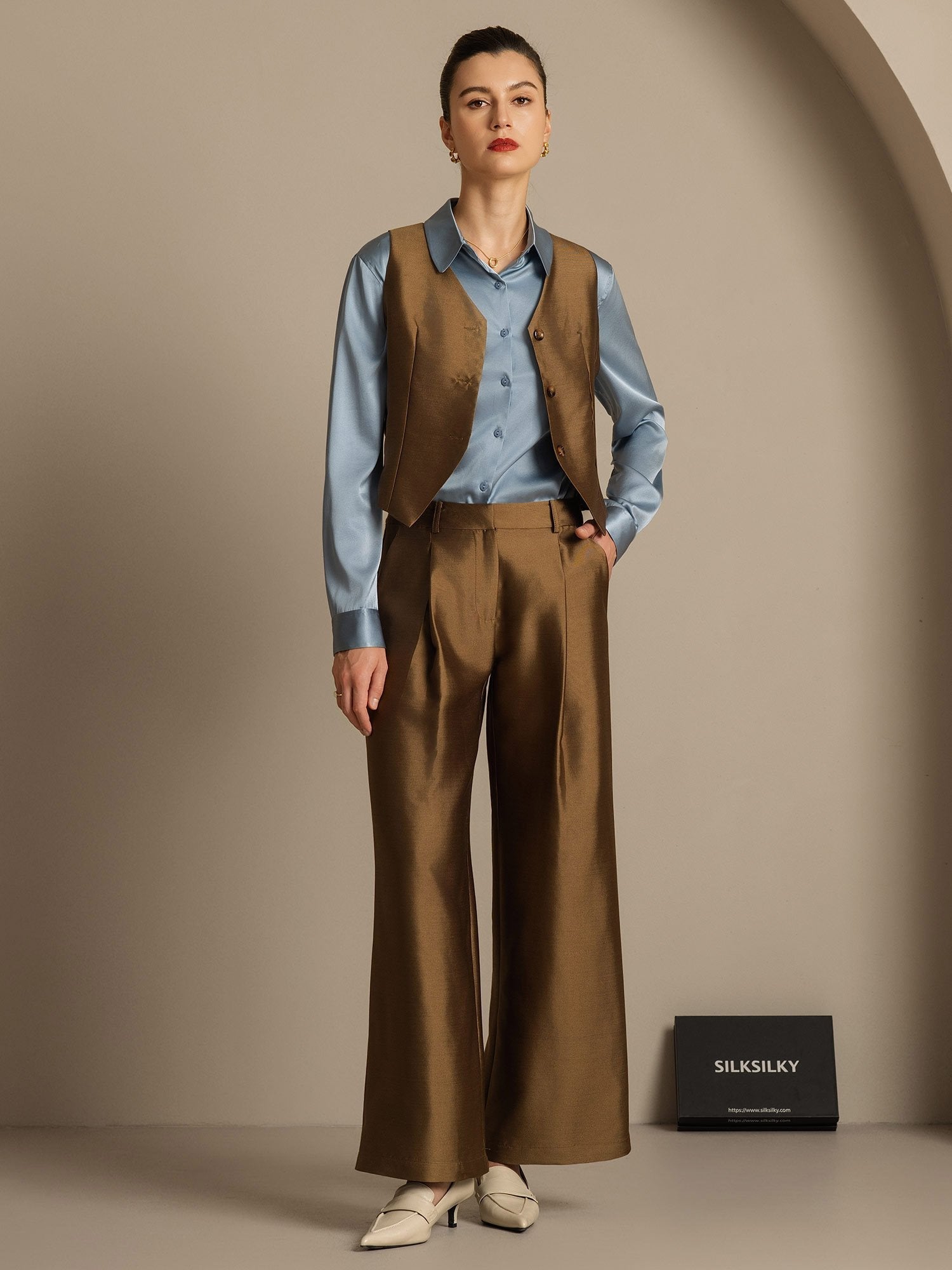 [Brons] SilkSilky-NL 32Momme Silk-Wool Blend Womens Pants 008,